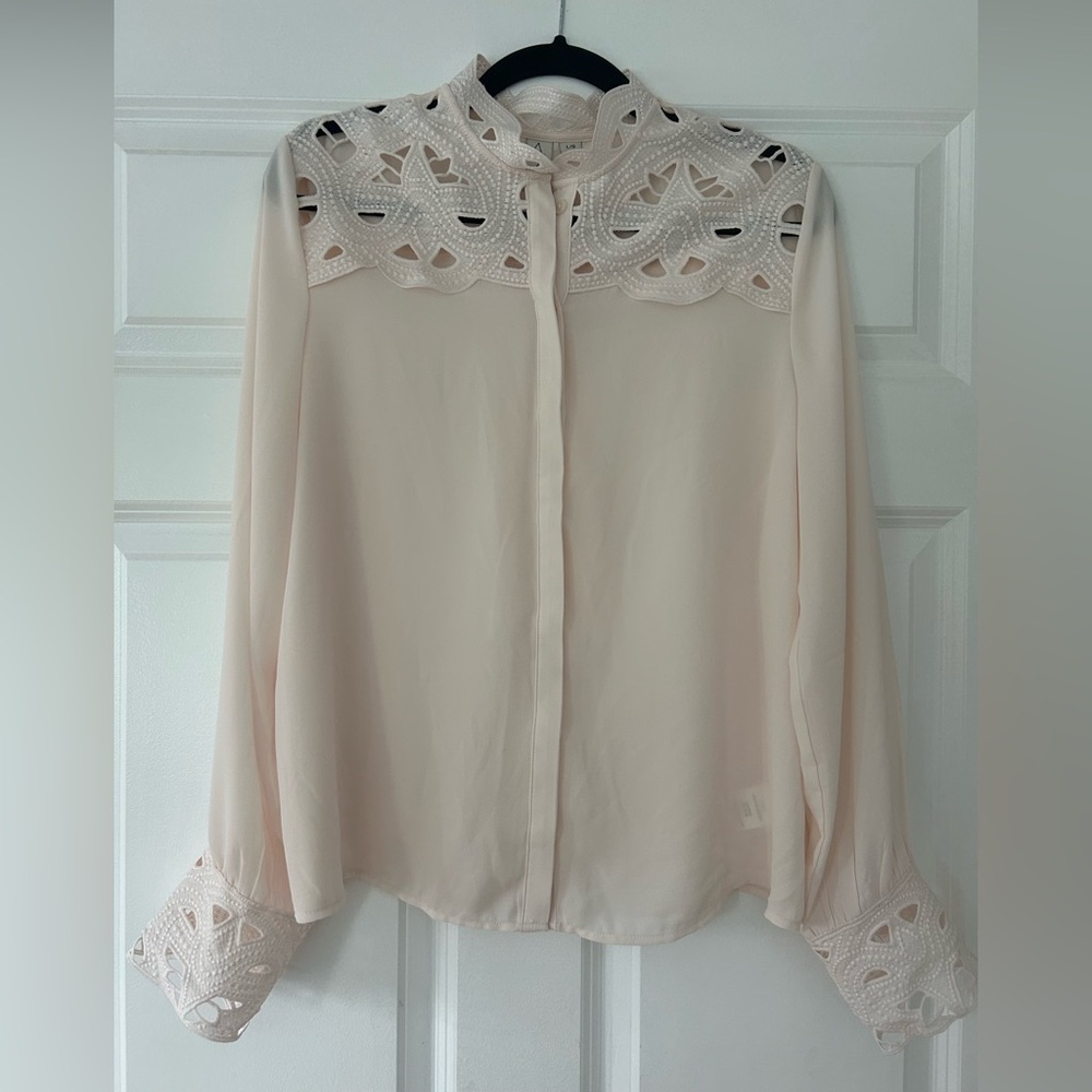 Joie Pale Pink Blouse with Eyelet Lace Detail –‎ Size Large